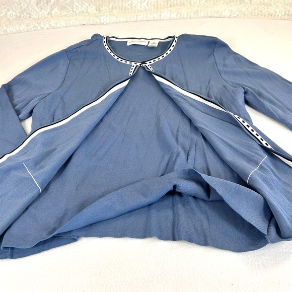 Alfred Dunner Womens Cardigan Sweater Blue Geometric Trim Pockets Open Front M - Picture 6 of 9